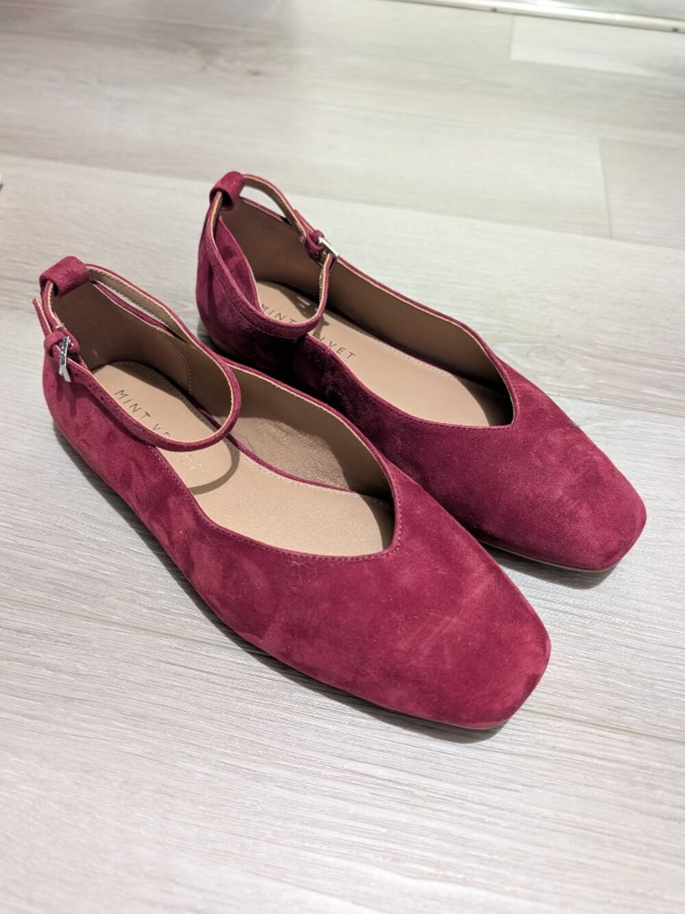 Mint Velvet Burgundy Suede Ankle Strap Ballet Flats